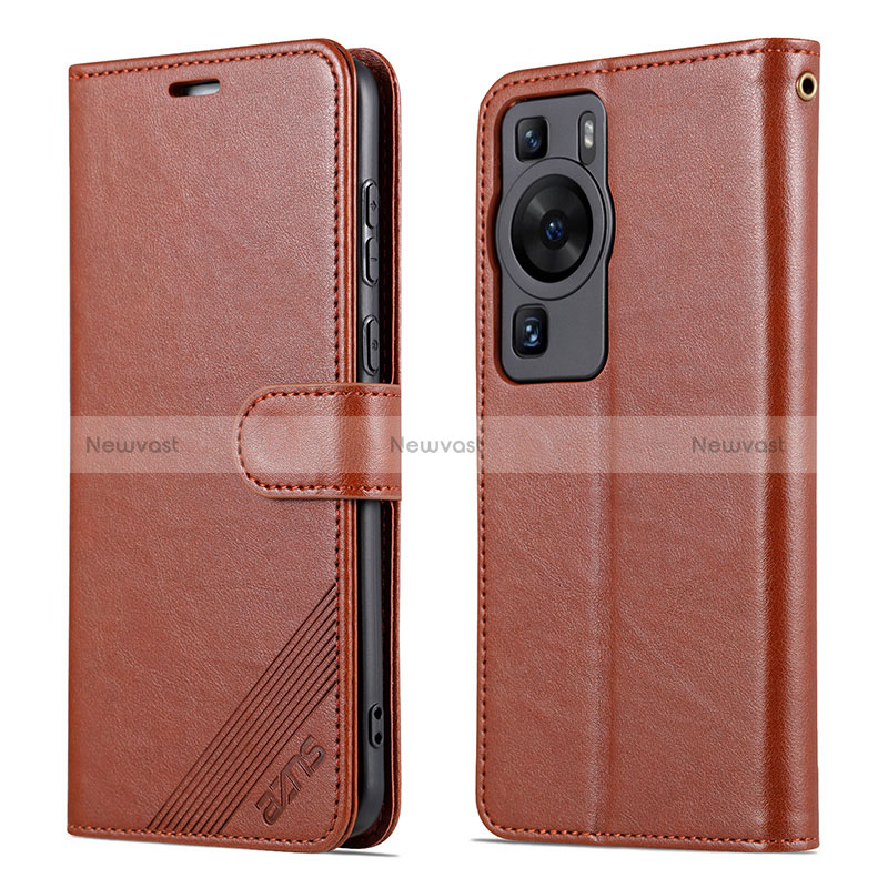 Leather Case Stands Flip Cover Holder YZ3 for Huawei P60 Pro Brown