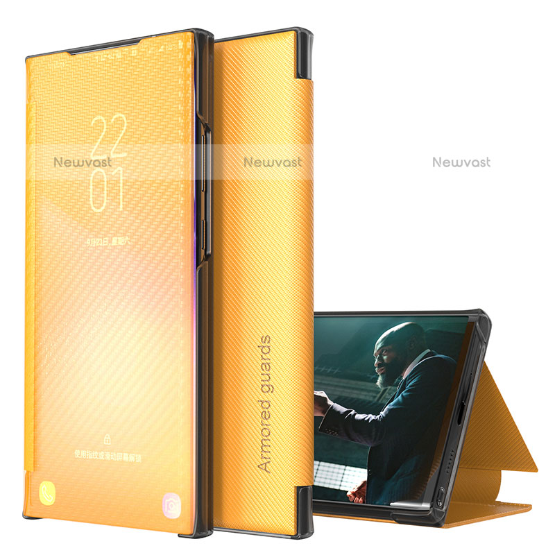 Leather Case Stands Flip Cover Holder ZL1 for Samsung Galaxy F12 Yellow