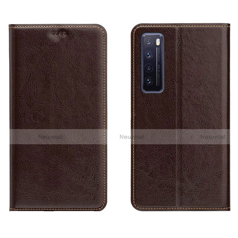 Leather Case Stands Flip Cover L01 Holder for Huawei Nova 7 5G Brown