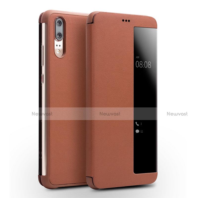 Leather Case Stands Flip Cover L01 Holder for Huawei P20 Brown