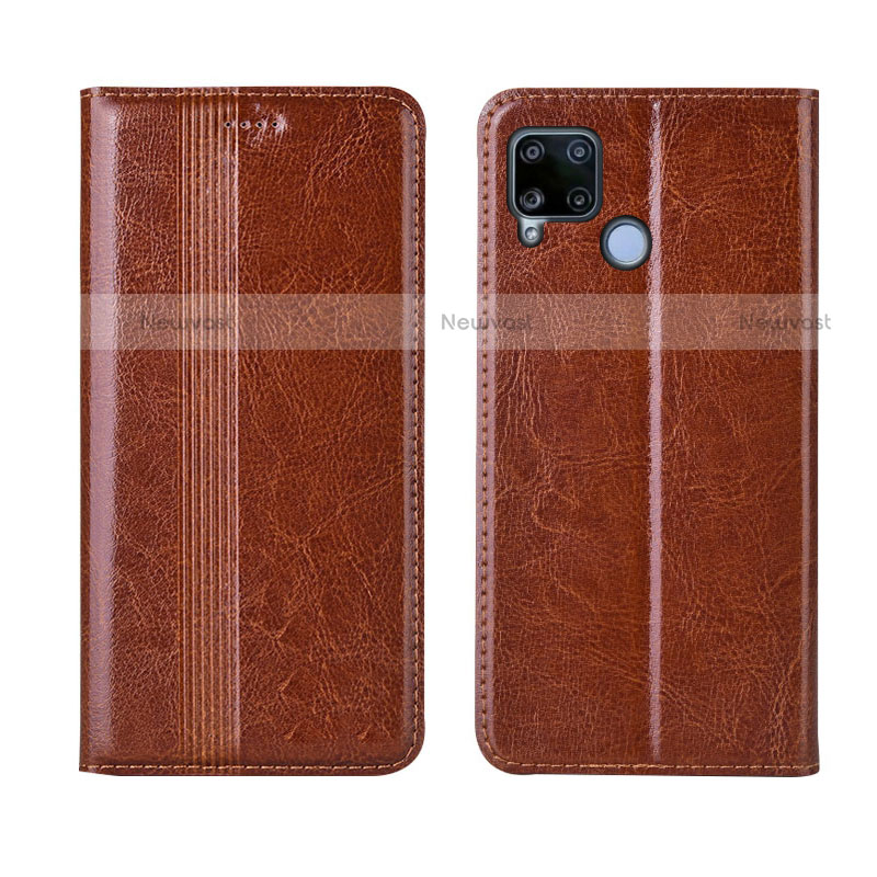 Leather Case Stands Flip Cover L01 Holder for Realme C15 Light Brown