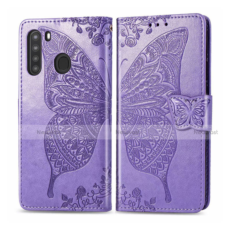 Leather Case Stands Flip Cover L01 Holder for Samsung Galaxy A21 Clove Purple