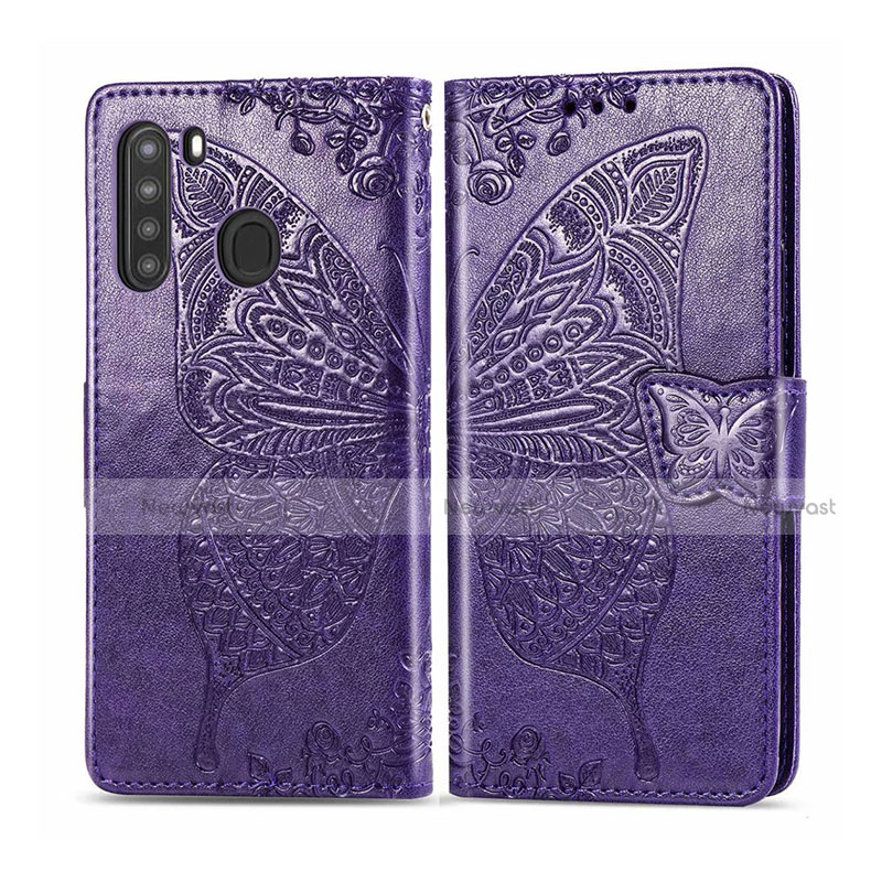 Leather Case Stands Flip Cover L01 Holder for Samsung Galaxy A21 Purple