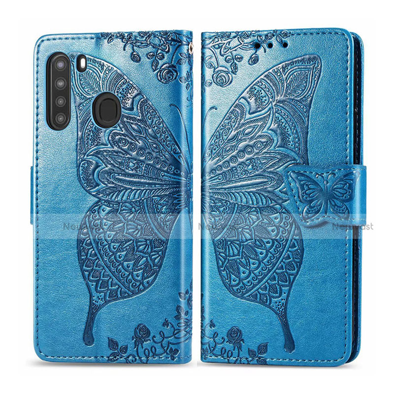 Leather Case Stands Flip Cover L01 Holder for Samsung Galaxy A21 Sky Blue