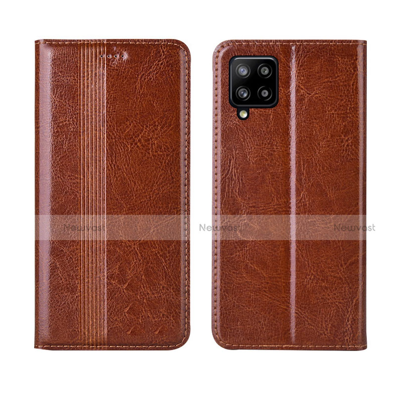 Leather Case Stands Flip Cover L01 Holder for Samsung Galaxy A42 5G Light Brown