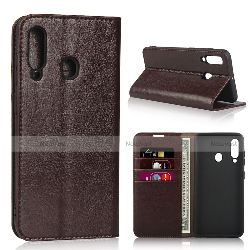 Leather Case Stands Flip Cover L01 Holder for Samsung Galaxy A60 Brown
