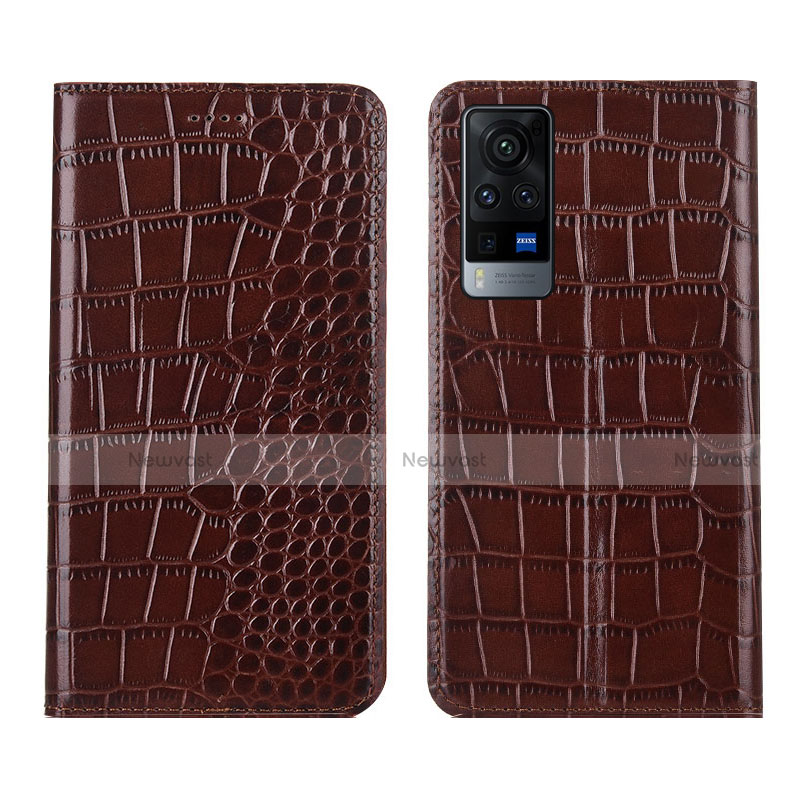 Leather Case Stands Flip Cover L01 Holder for Vivo X60 5G Brown