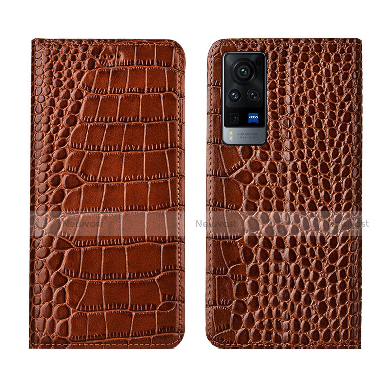 Leather Case Stands Flip Cover L01 Holder for Vivo X60 5G Light Brown