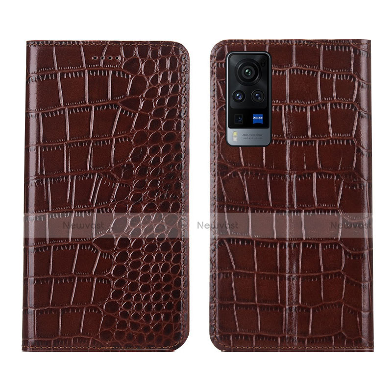 Leather Case Stands Flip Cover L01 Holder for Vivo X60T 5G Brown