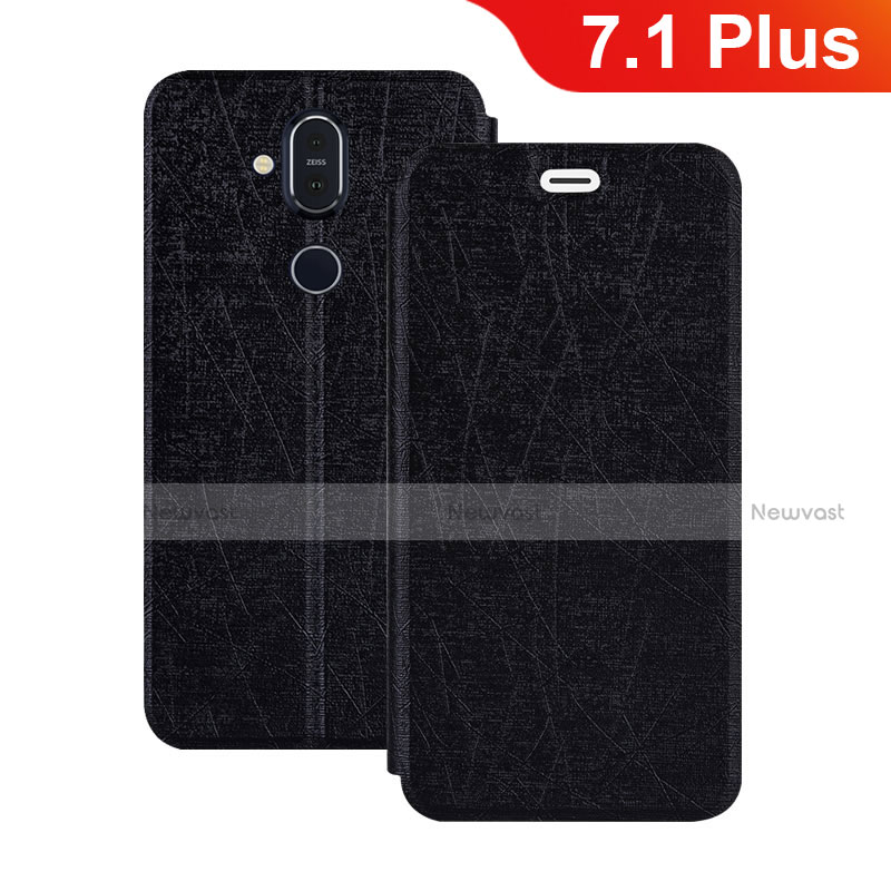 Leather Case Stands Flip Cover L02 for Nokia 7.1 Plus Black