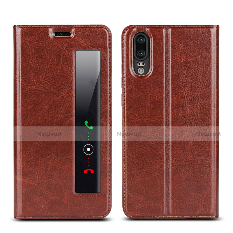Leather Case Stands Flip Cover L02 Holder for Huawei P20 Brown