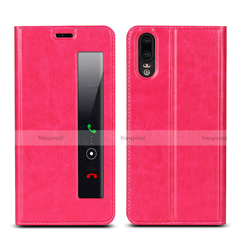 Leather Case Stands Flip Cover L02 Holder for Huawei P20 Hot Pink