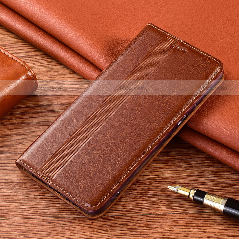 Leather Case Stands Flip Cover L02 Holder for Motorola Moto G9 Play Light Brown