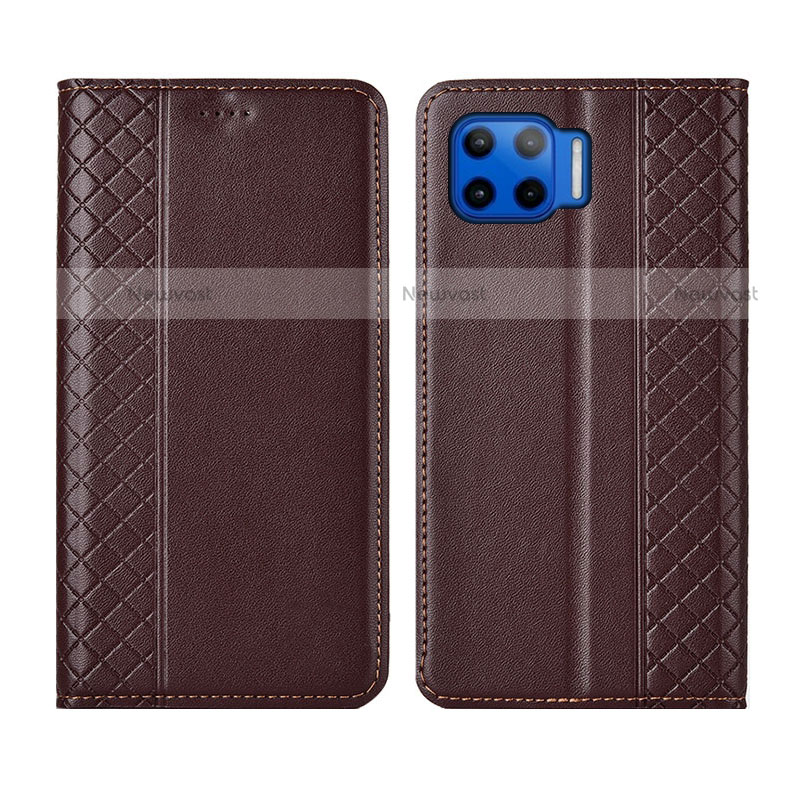 Leather Case Stands Flip Cover L02 Holder for Motorola Moto One 5G Brown