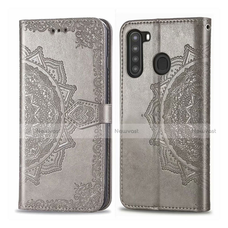Leather Case Stands Flip Cover L02 Holder for Samsung Galaxy A21 Gray