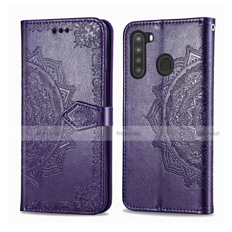 Leather Case Stands Flip Cover L02 Holder for Samsung Galaxy A21 Purple