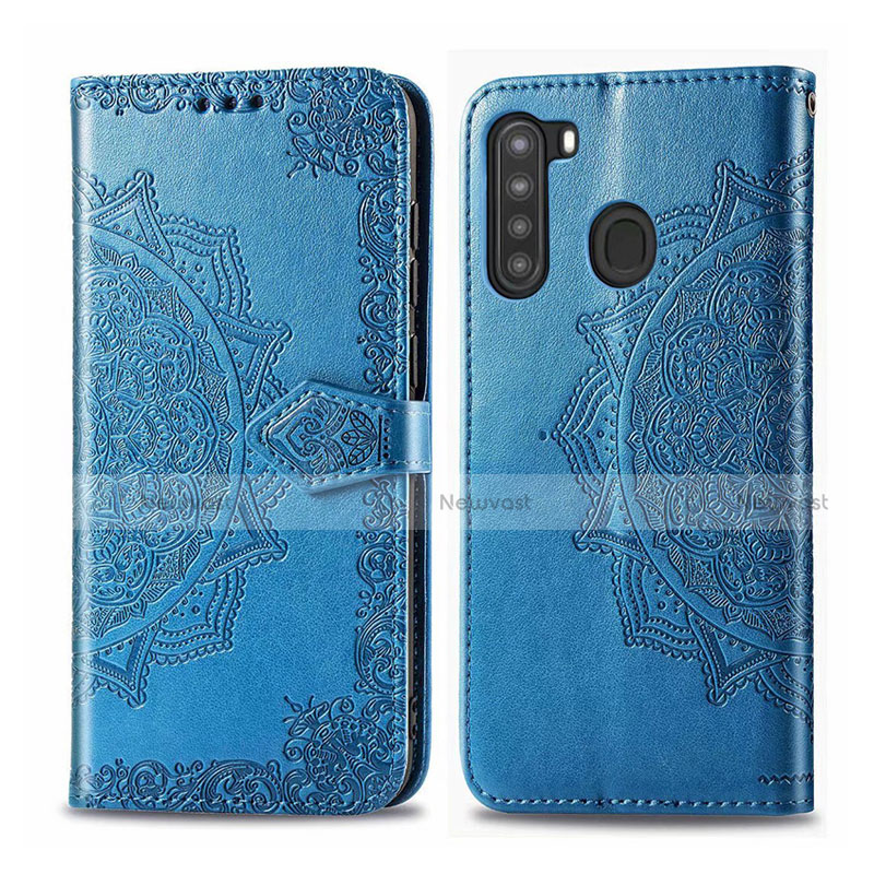Leather Case Stands Flip Cover L02 Holder for Samsung Galaxy A21 Sky Blue