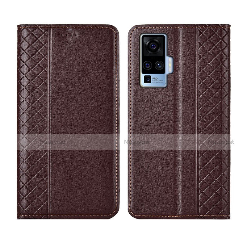 Leather Case Stands Flip Cover L02 Holder for Vivo X50 Pro 5G Brown