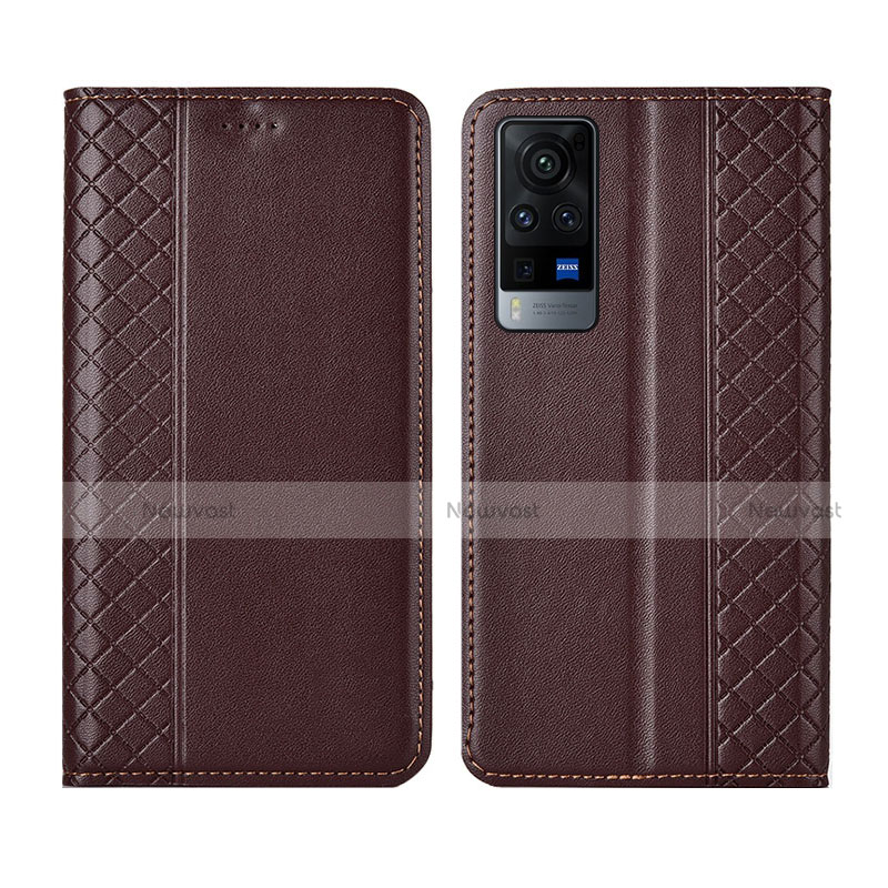 Leather Case Stands Flip Cover L02 Holder for Vivo X60 5G Brown