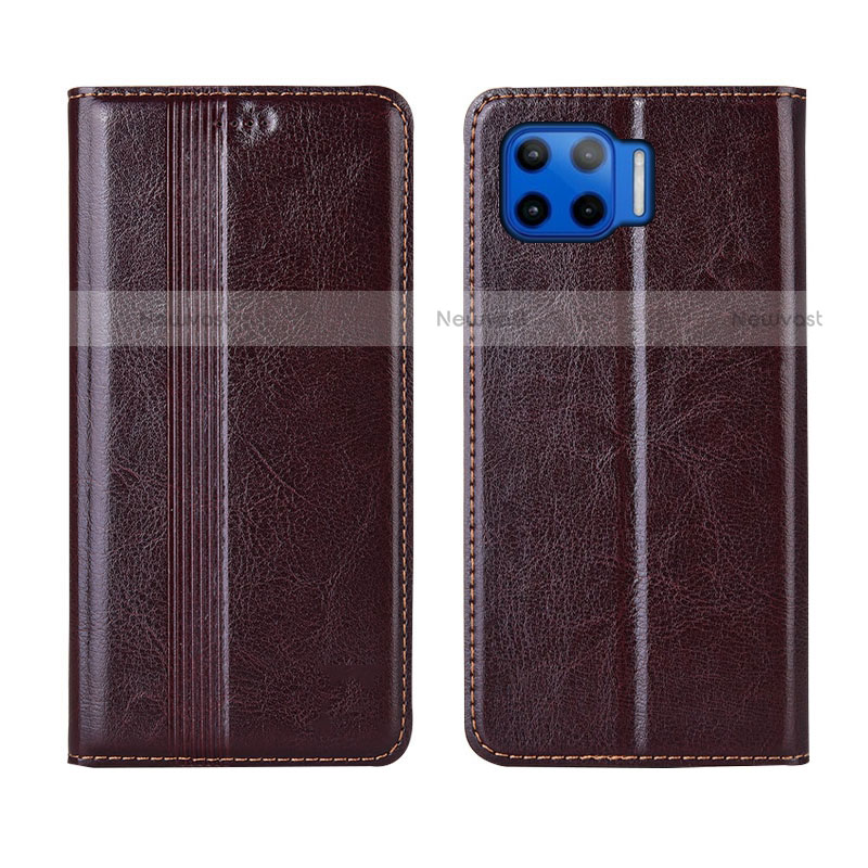 Leather Case Stands Flip Cover L03 Holder for Motorola Moto One 5G Brown