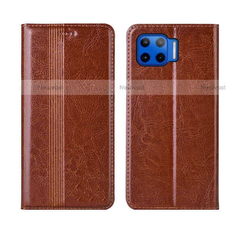 Leather Case Stands Flip Cover L03 Holder for Motorola Moto One 5G Light Brown