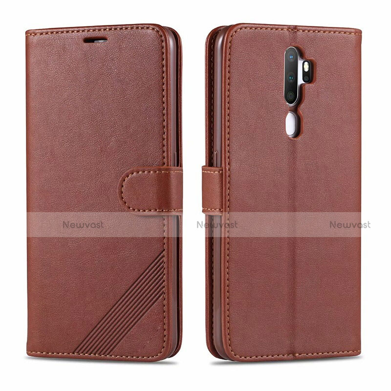 Leather Case Stands Flip Cover L03 Holder for Oppo A9 (2020) Brown