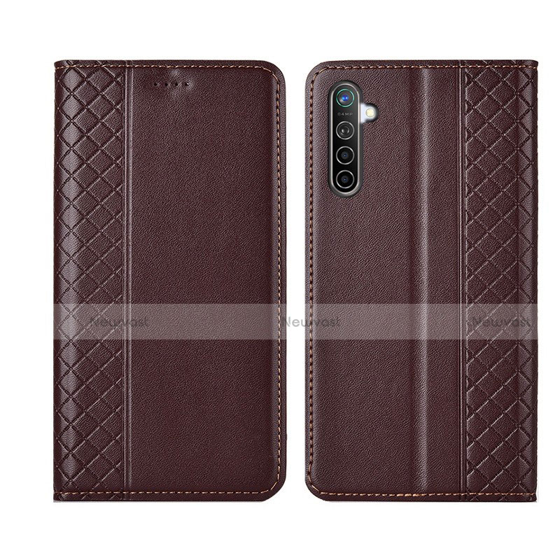 Leather Case Stands Flip Cover L03 Holder for Realme X2 Brown