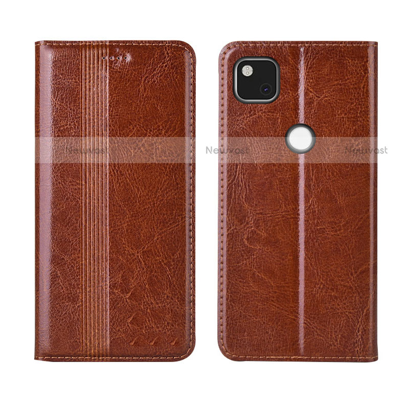 Leather Case Stands Flip Cover L04 Holder for Google Pixel 4a Light Brown