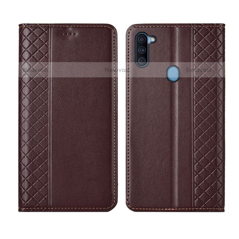 Leather Case Stands Flip Cover L04 Holder for Samsung Galaxy M11 Brown