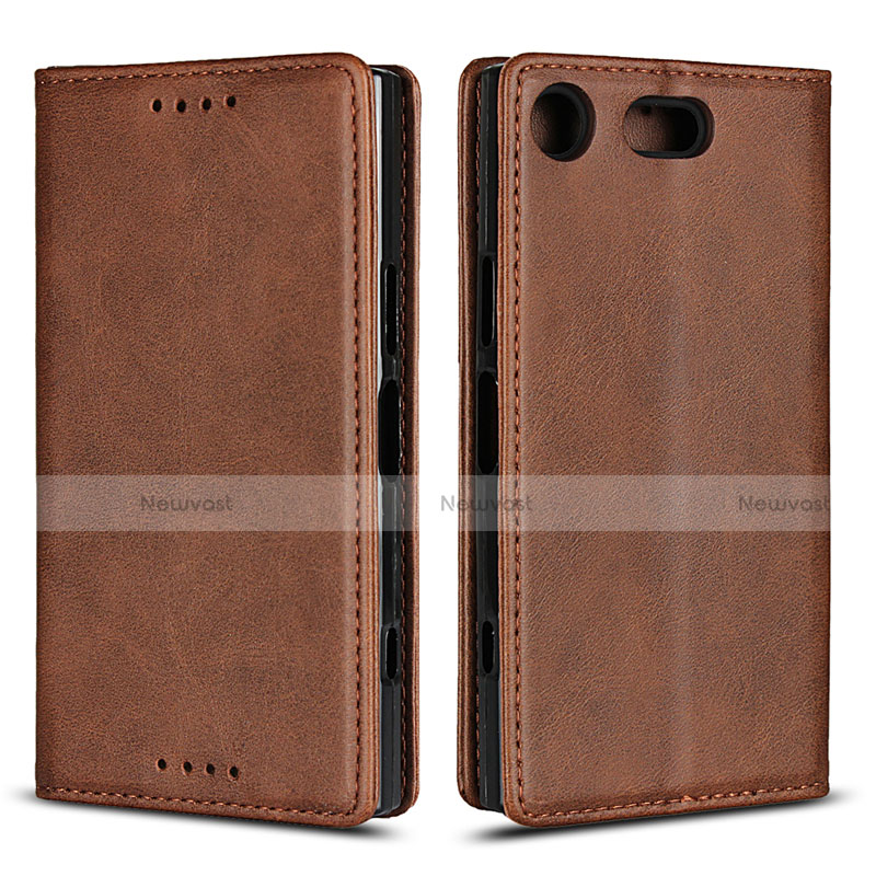 Leather Case Stands Flip Cover L04 Holder for Sony Xperia XZ1 Compact Brown