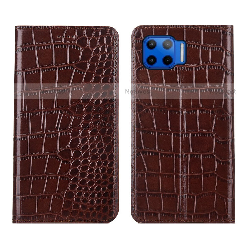 Leather Case Stands Flip Cover L05 Holder for Motorola Moto One 5G Brown