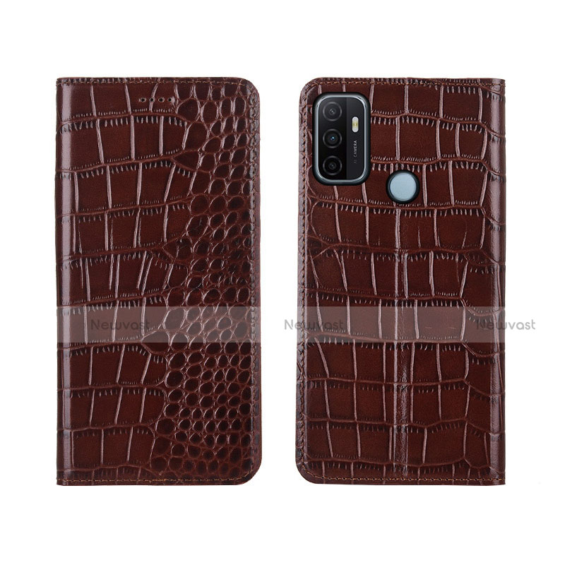 Leather Case Stands Flip Cover L05 Holder for Oppo A53s Brown