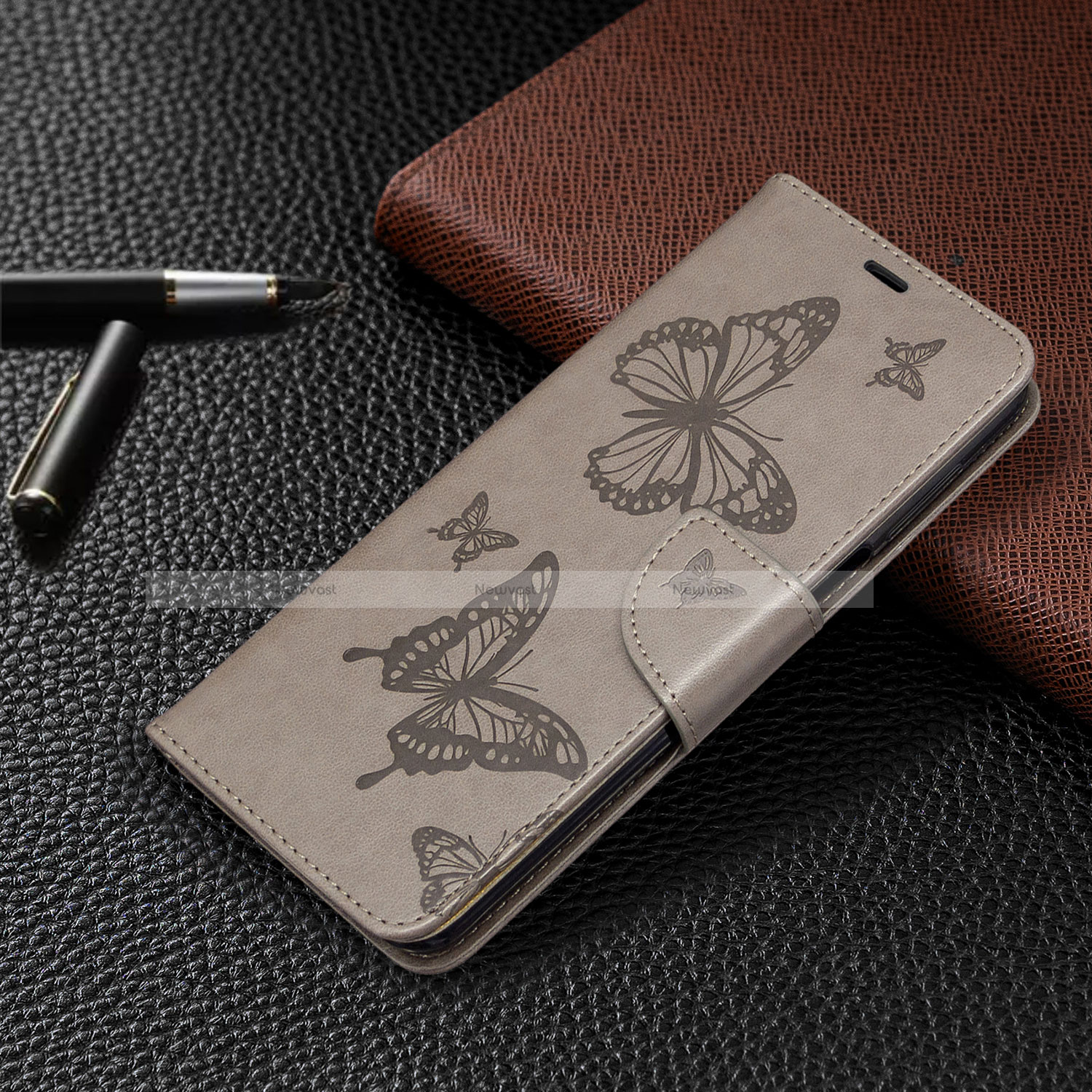 Leather Case Stands Flip Cover L05 Holder for Xiaomi Redmi Note 9S Gray