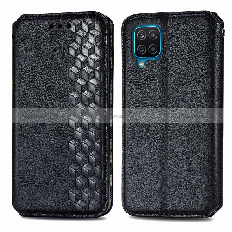 Leather Case Stands Flip Cover L06 Holder for Samsung Galaxy A12 Nacho Black