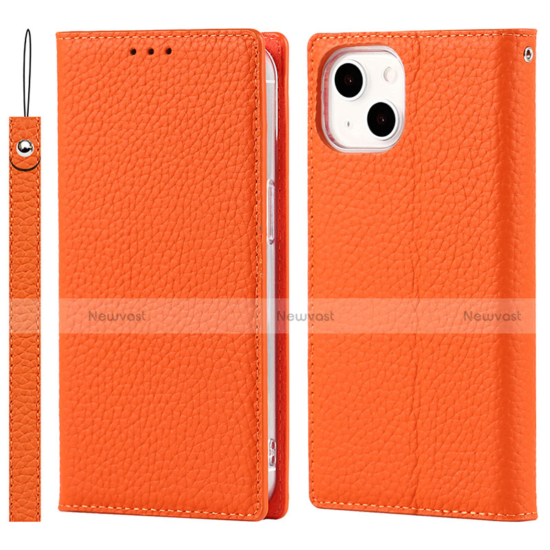 Leather Case Stands Flip Cover L09 Holder for Apple iPhone 14 Orange