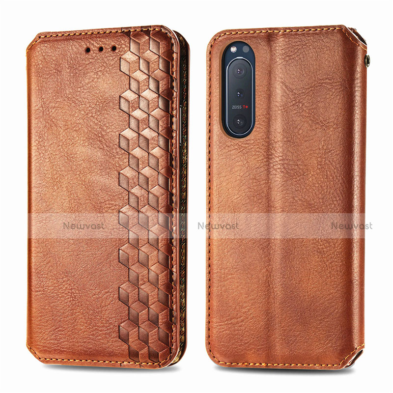 Leather Case Stands Flip Cover L09 Holder for Sony Xperia 5 II Brown