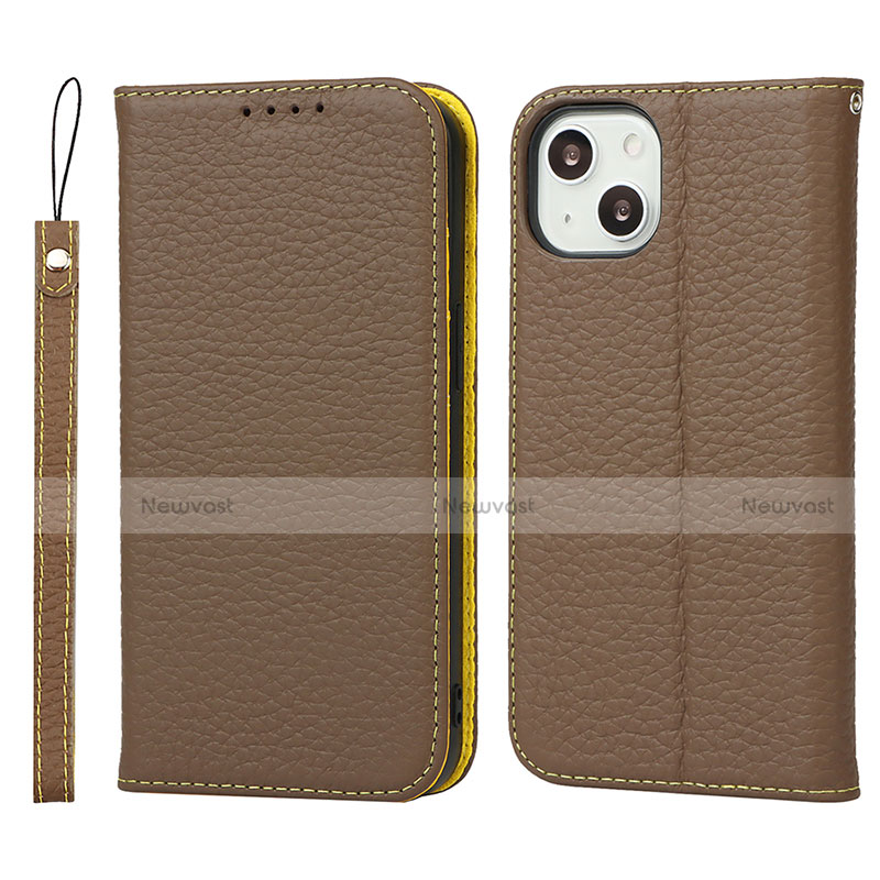 Leather Case Stands Flip Cover L10 Holder for Apple iPhone 13 Mini Brown