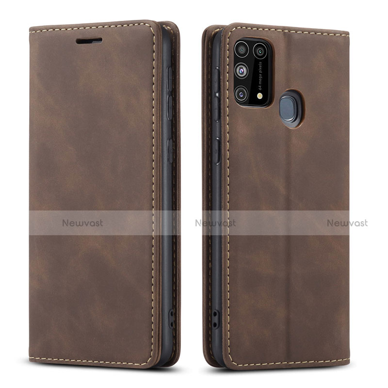 Leather Case Stands Flip Cover L15 Holder for Samsung Galaxy M21s Brown