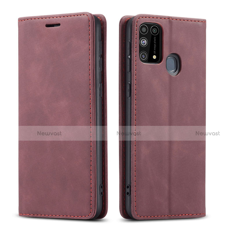 Leather Case Stands Flip Cover L15 Holder for Samsung Galaxy M21s Red Wine