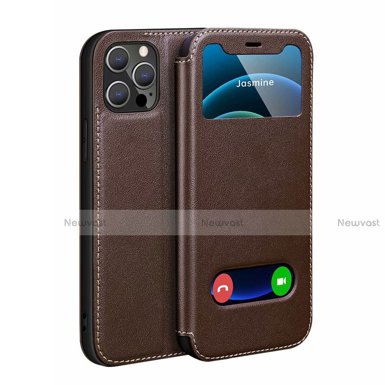 Leather Case Stands Flip Cover N01 Holder for Apple iPhone 12 Pro Brown