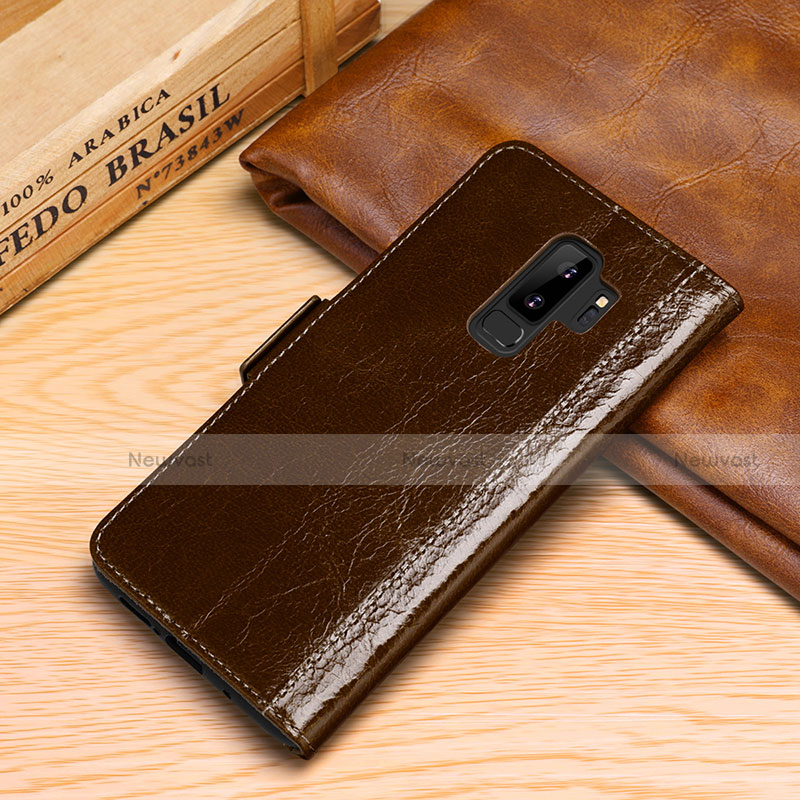 Leather Case Stands Flip Cover P01 Holder for Samsung Galaxy S9 Plus Brown