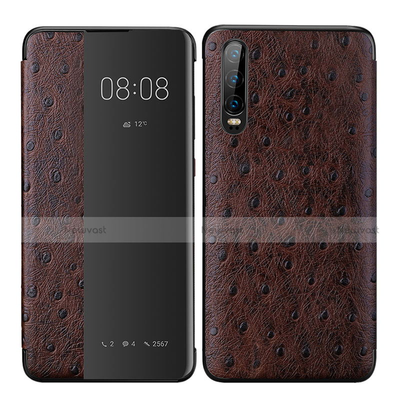 Leather Case Stands Flip Cover P02 Holder for Huawei P30 Brown