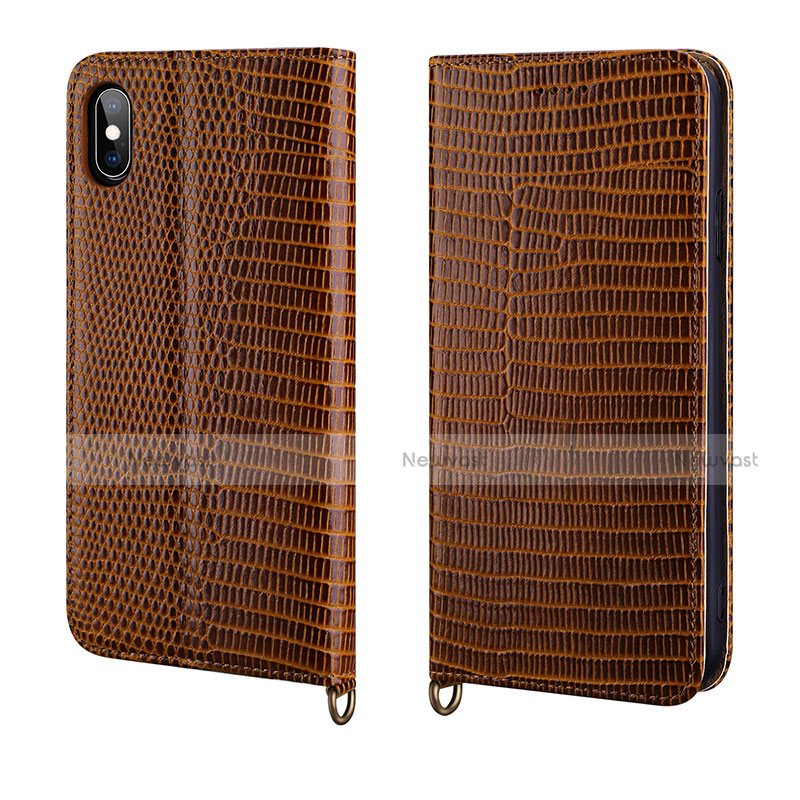 Leather Case Stands Flip Cover P03 Holder for Apple iPhone X Brown