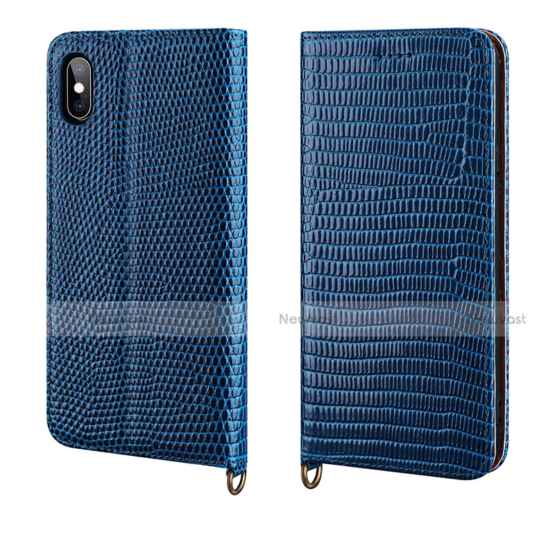 Leather Case Stands Flip Cover P03 Holder for Apple iPhone Xs Blue