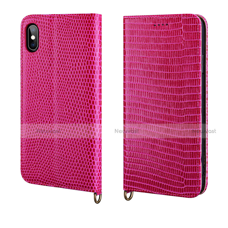 Leather Case Stands Flip Cover P03 Holder for Apple iPhone Xs Hot Pink