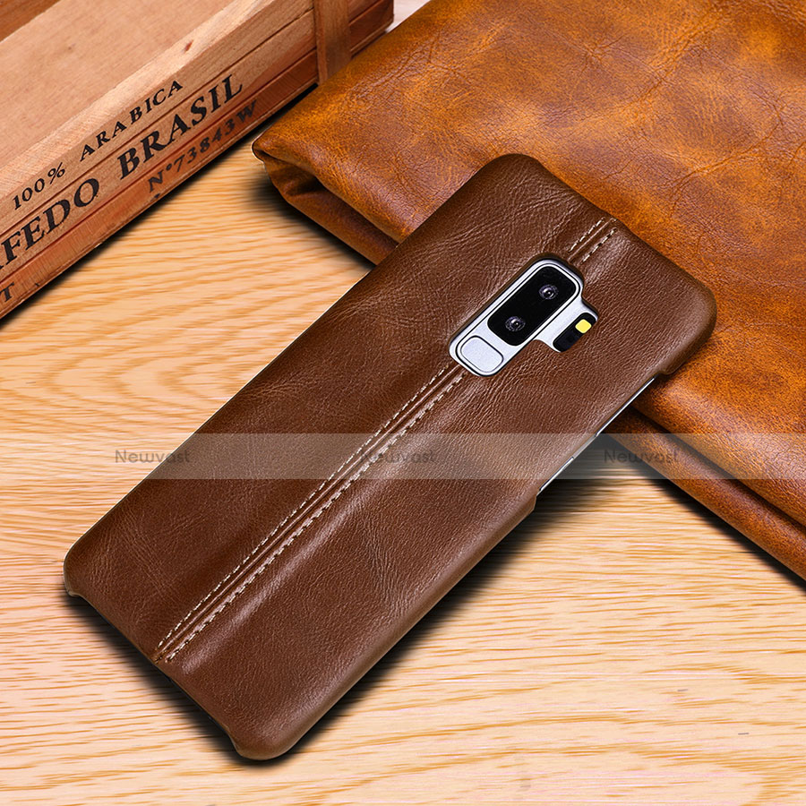 Leather Case Stands Flip Cover P03 Holder for Samsung Galaxy S9 Brown