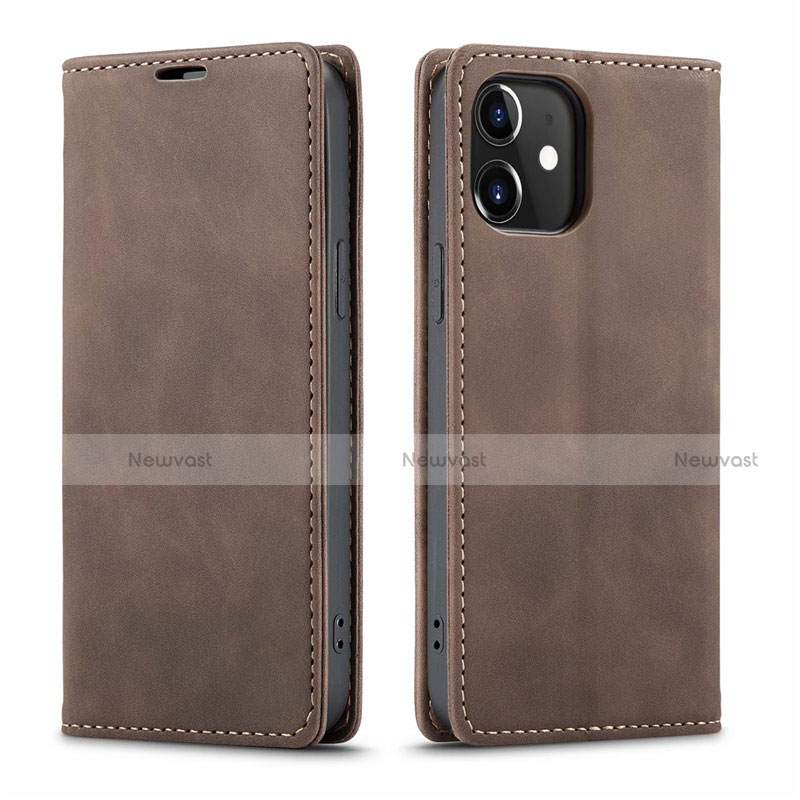 Leather Case Stands Flip Cover T01 Holder for Apple iPhone 12 Brown