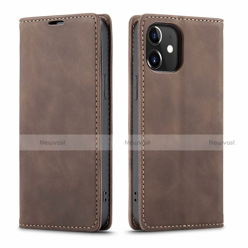 Leather Case Stands Flip Cover T01 Holder for Apple iPhone 12 Mini Brown