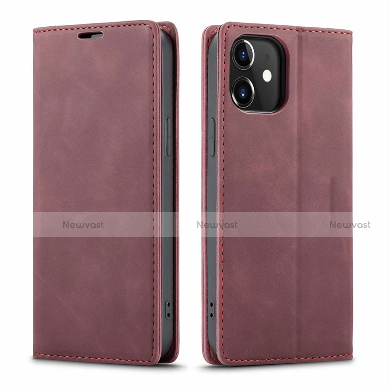 Leather Case Stands Flip Cover T01 Holder for Apple iPhone 12 Mini Red Wine