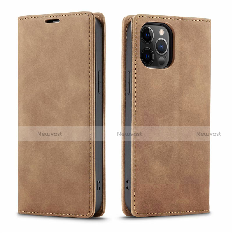 Leather Case Stands Flip Cover T01 Holder for Apple iPhone 12 Pro Light Brown
